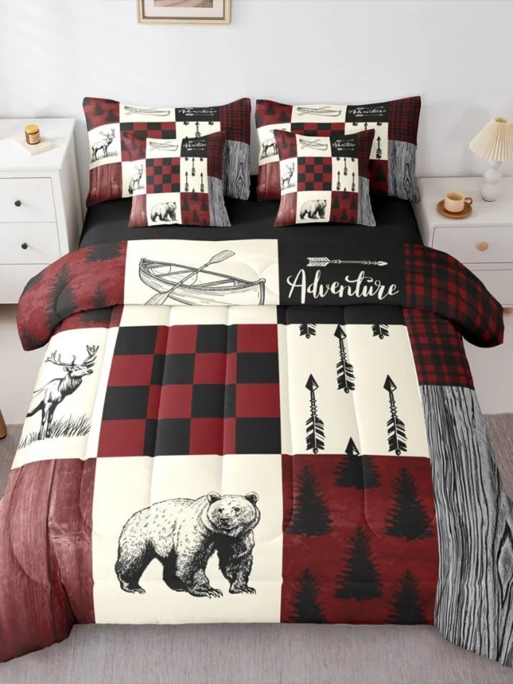 Country Rustic Twin Comforter Set 7 Piece,Farmhouse Plaid Checkered Bedding with